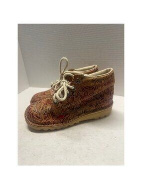 Kickers Kick Hi Embossed Floral Paisley Leather Ankle Boots Brown Red Women 5